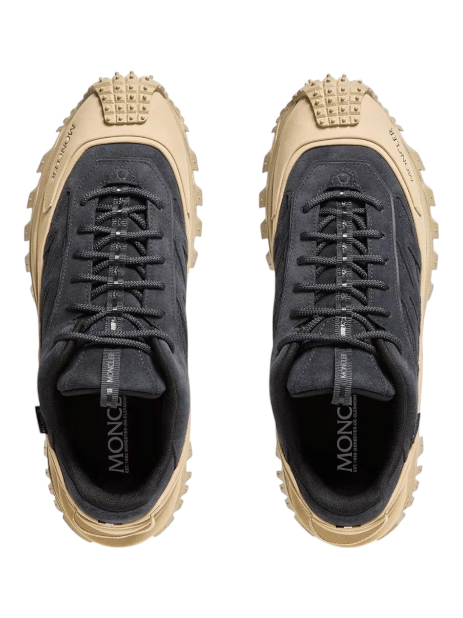 FREUDENHAUS Obertauern Moncler Trailgrip Apex Craft GTX sneakers in dark grey suede and beige rubber top-down view