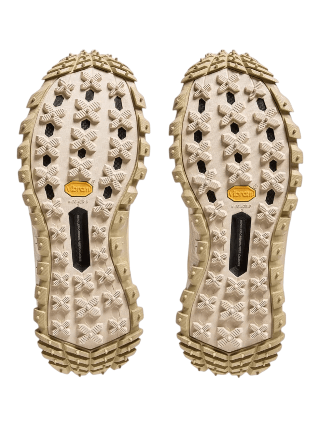 FREUDENHAUS Obertauern Moncler Trailgrip Apex Craft GTX sneakers showing the beige Vibram MEGAGRIP lugged outsoles.