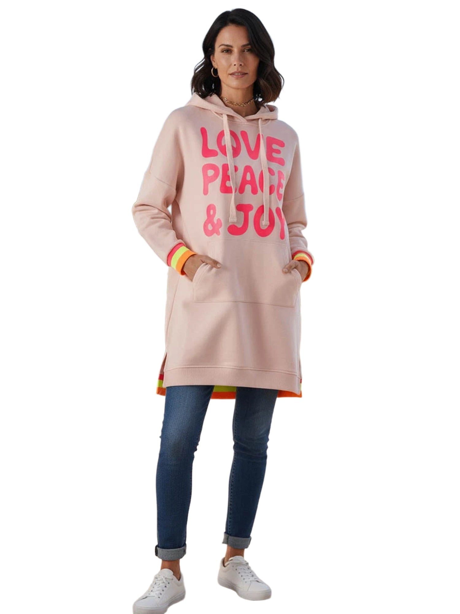 Miss Goodlife Long Hoodie Love Peace & Joy Hoodies & Sweater Damen rosa rosa Bild 1