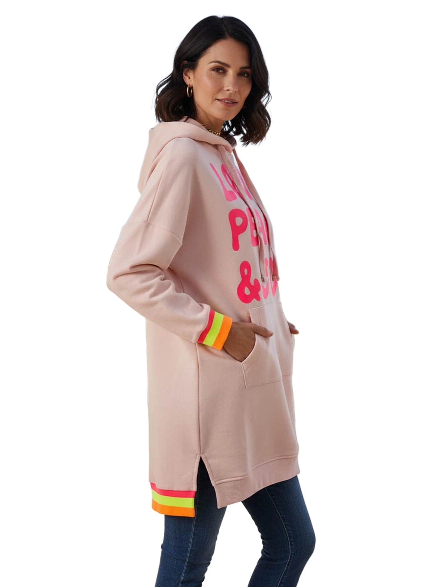 Miss Goodlife Long Hoodie Love Peace & Joy Hoodies & Sweater Damen rosa rosa Bild 2